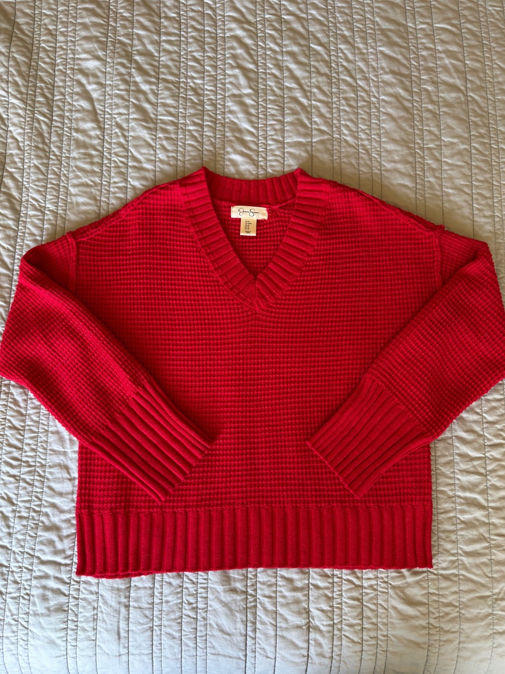 Red V-Neck Waffle Knit Sweater